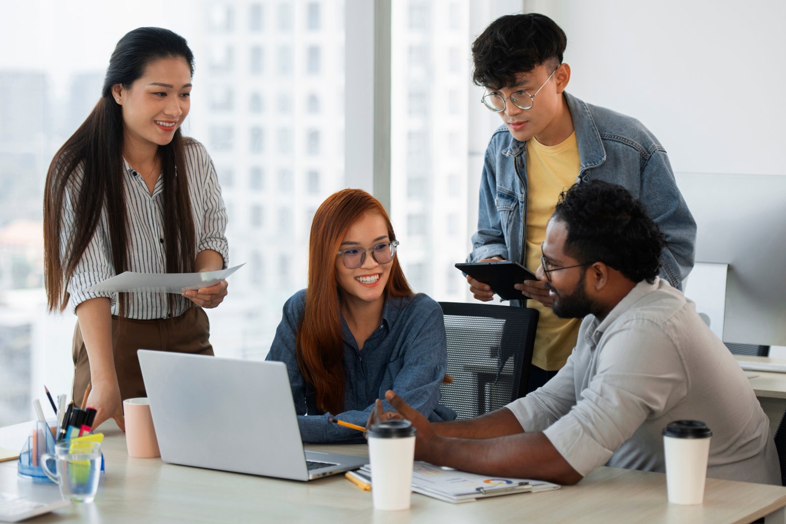 Happy diverse team smiling